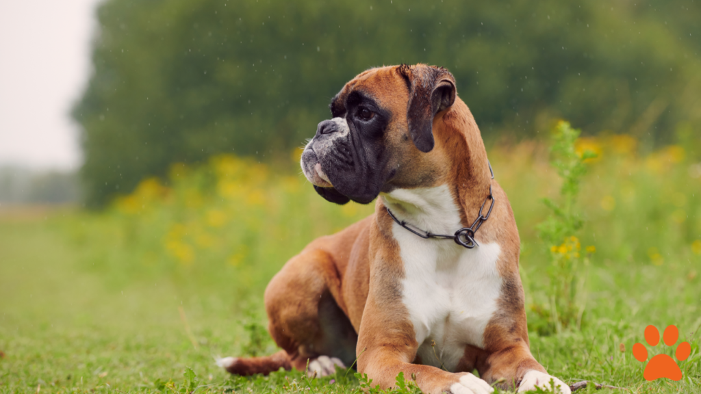 A boxer dog lay in a field