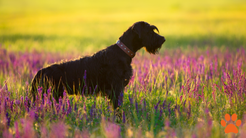 A giant schnauzer stood in a field of lavender