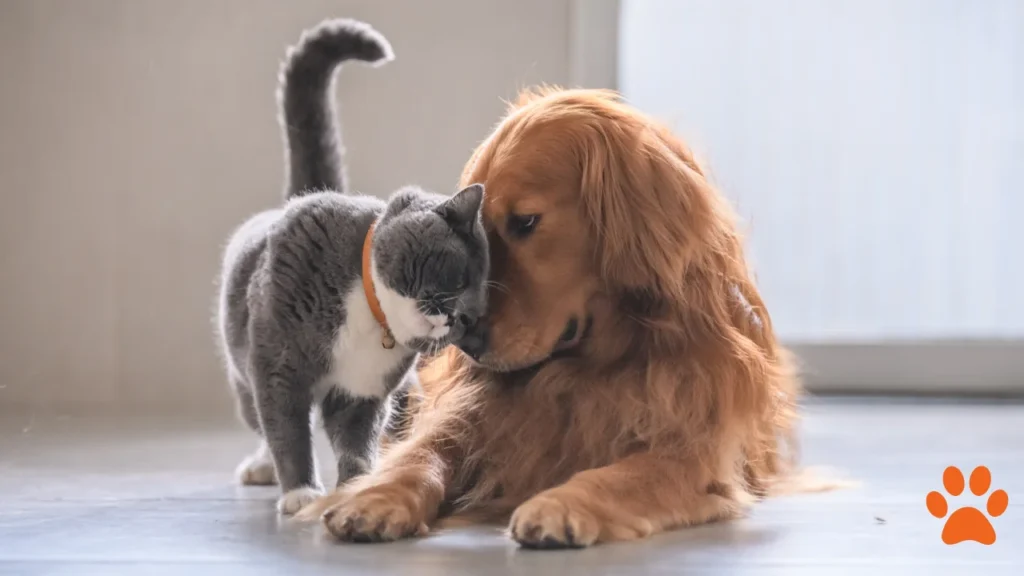 A Golden Retriever playing with a cat