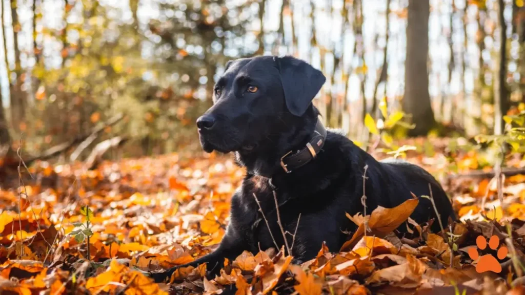 A Labrador retriever sitting on leaves on a long hike (1)