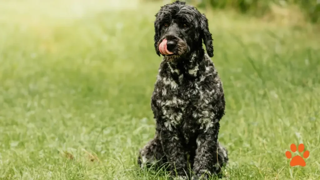 A Portuguese water dog on a walk in a field (1)