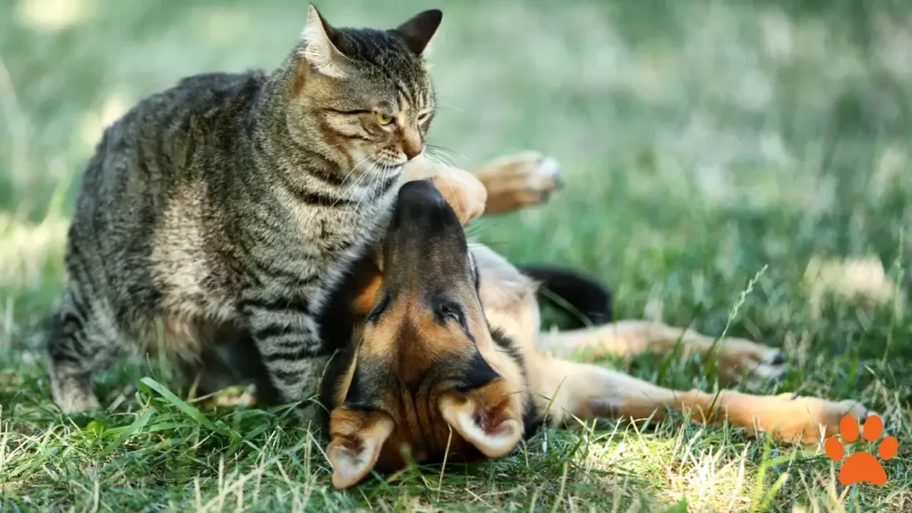 A cat and a German Shepherd playing on the grass together (1)