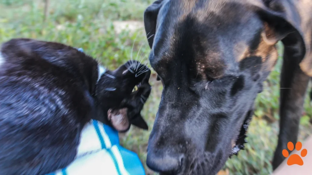 A great dane playing with a tuxedo cat